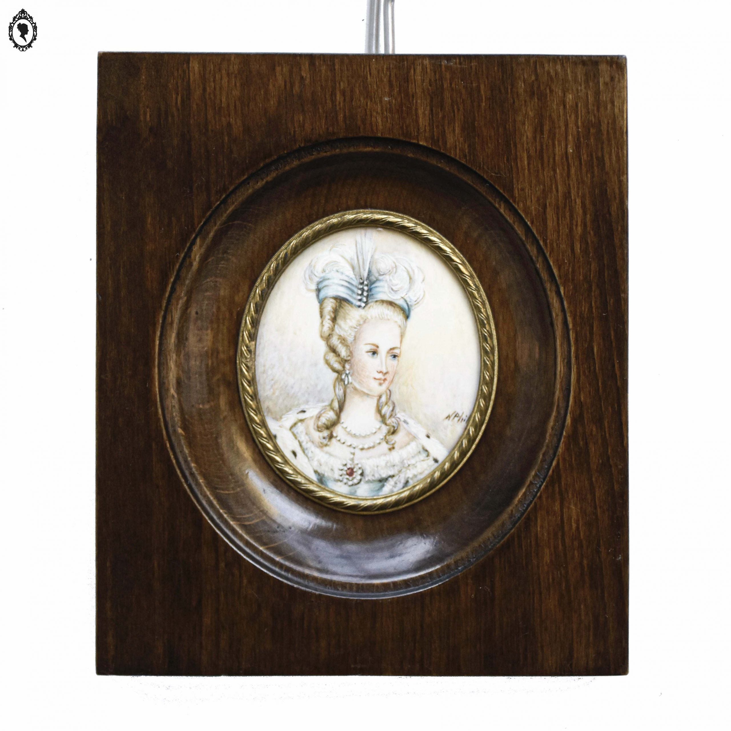 Petit cadre miniature portrait médaillon femme élégante sur ivoire ancien