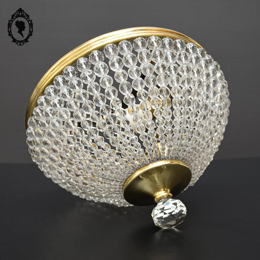 Plafonnier lustre art déco guirlandes de perles pointe diamant cristal laiton ancien