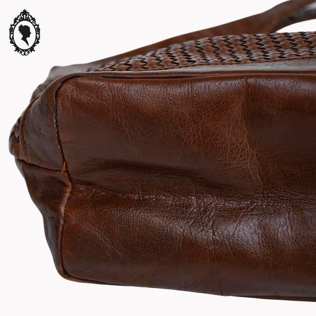 Sac cabas cuir cognac marron devant tressé vintage