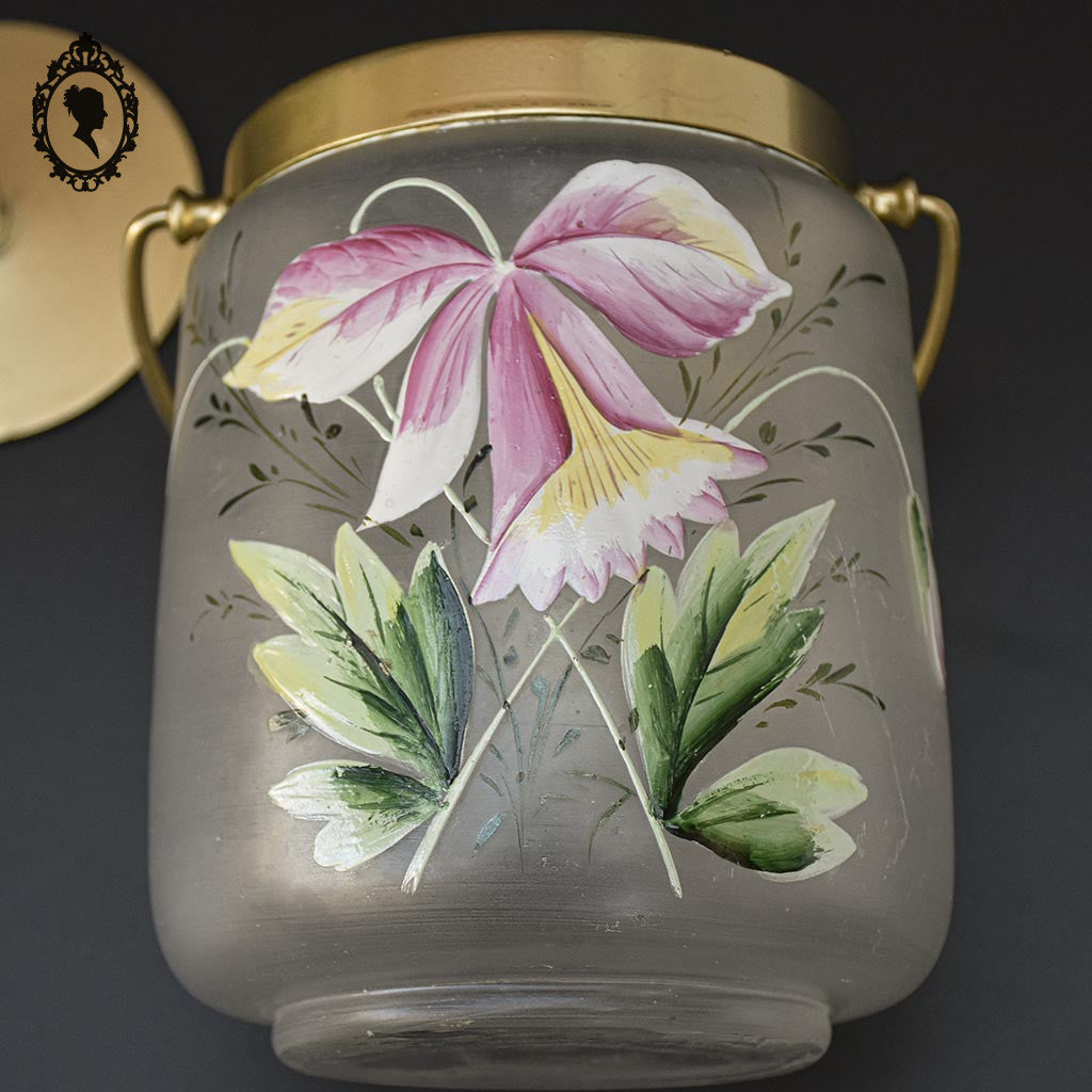 Sceau pot à biscuits verre mat fleur émaillée rose jaune vert ancien art nouveau