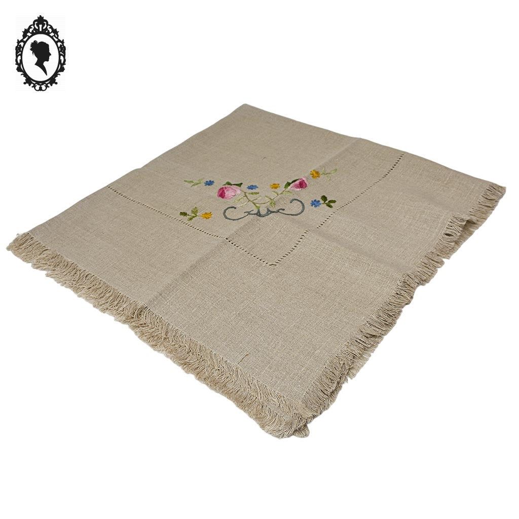 Service nappe et 10 serviettes à thé café lin broderie bucolique fleurie vintage