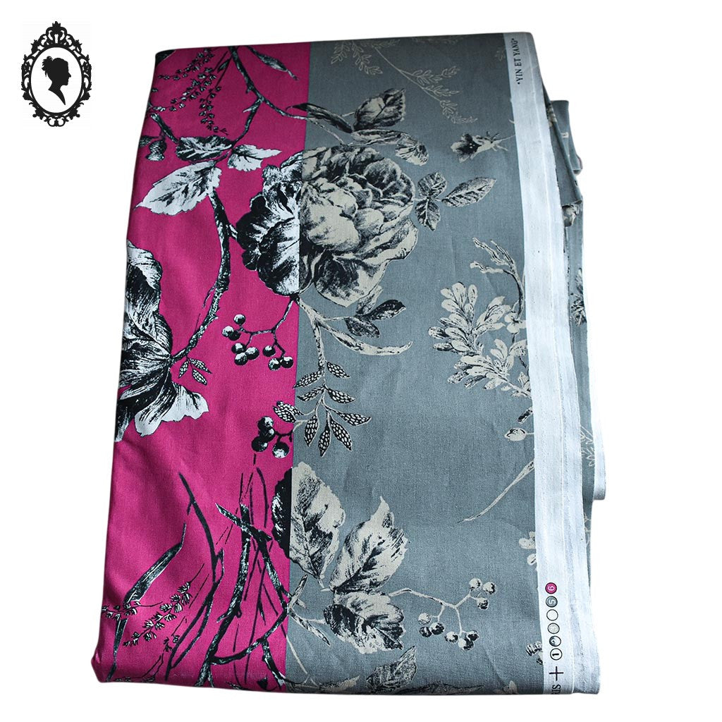 Tissu coupon ameublement coton fleuri gris noir rose Yin Yang Paris 325 x 285 cm