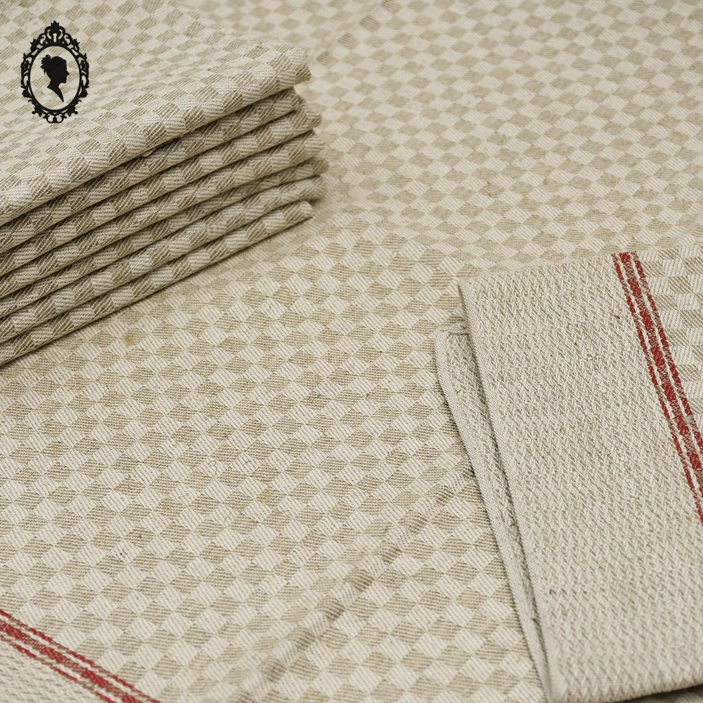 Torchon tramé pur fil de lin beige à liteau rouge ancien et Neuf