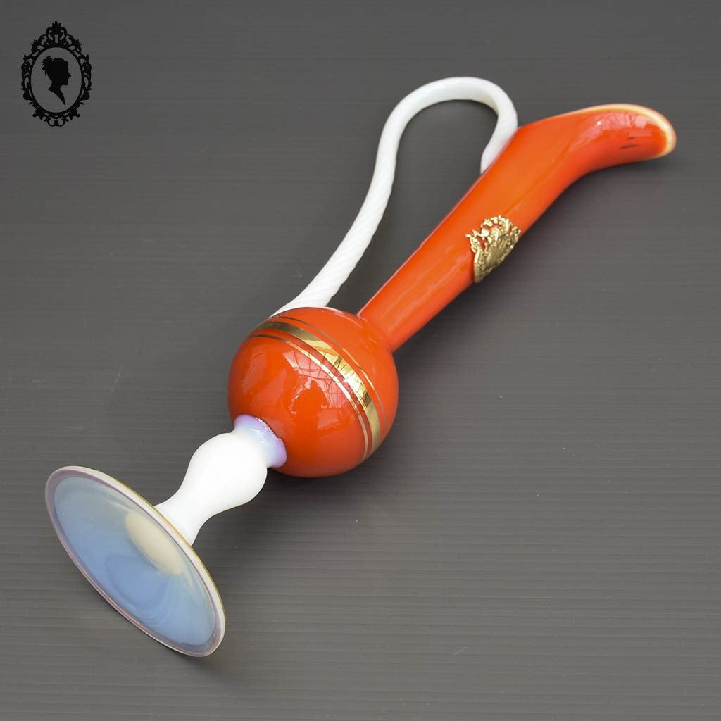 Vase soliflore sur pied anse opaline verre opalescent blanc et orange