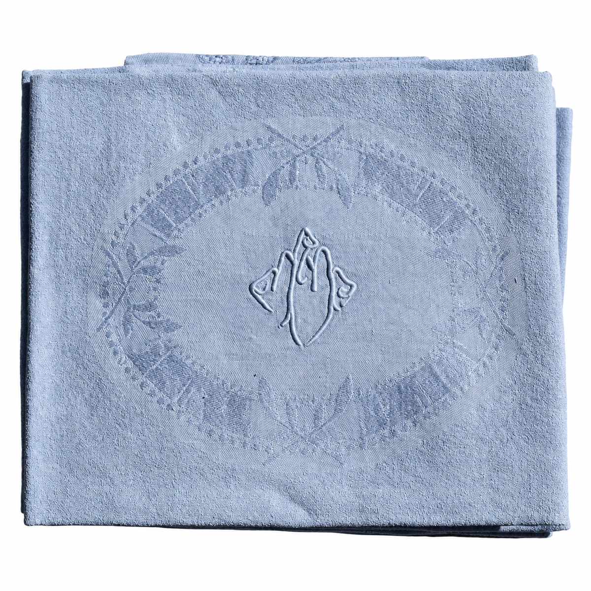 Lot de 12 grandes serviettes anciennes damassées teintes grise bleuté, monogramme brodé – 60 × 75 cm