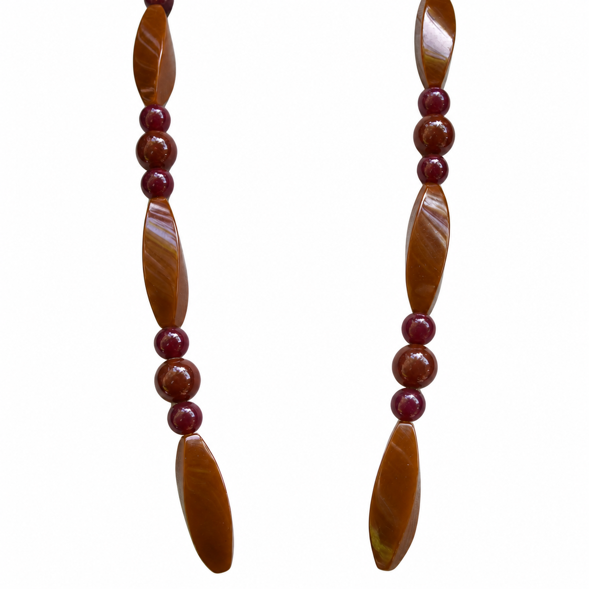 Sautoir perles en bakélite bordeaux et caramel – Art déco, 79,5 cm ancien vintage