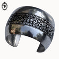Chic gros bracelet manchette jonc large bombé métal acier gris et motif noir