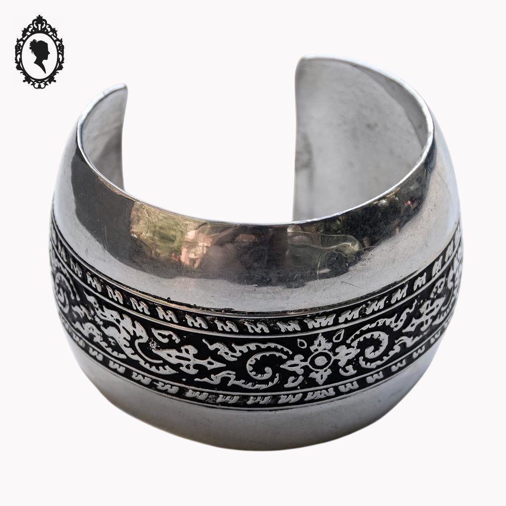 Chic gros bracelet manchette jonc large bombé métal acier gris et motif noir