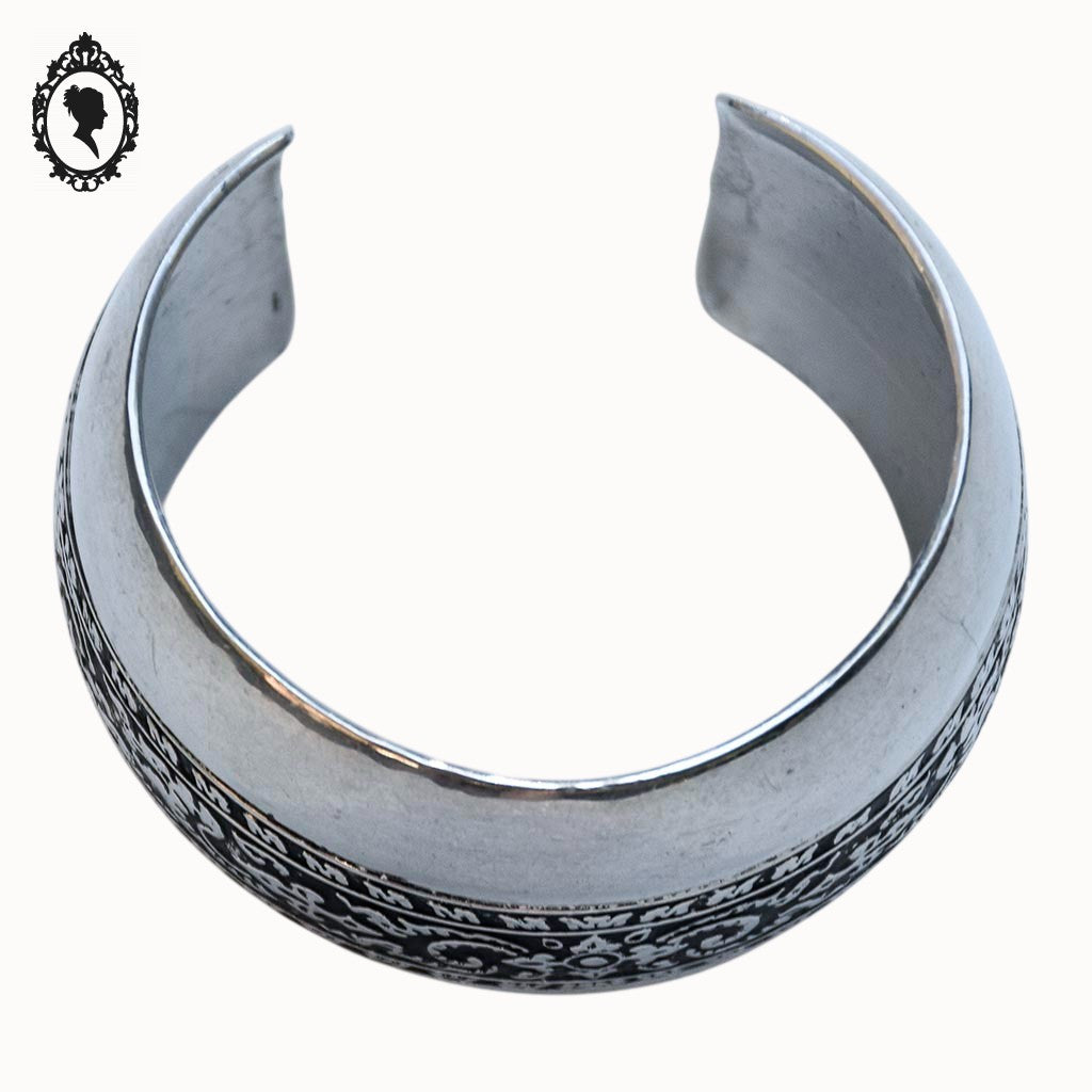 Chic gros bracelet manchette jonc large bombé métal acier gris et motif noir