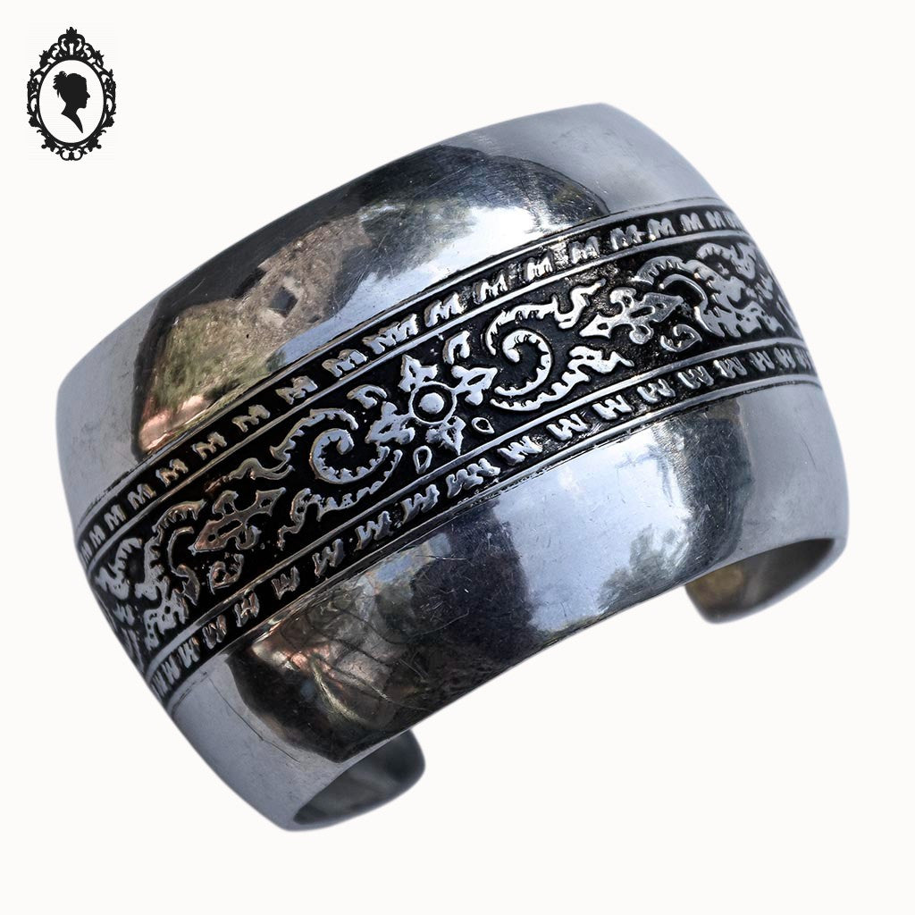 Chic gros bracelet manchette jonc large bombé métal acier gris et motif noir