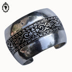 Chic gros bracelet manchette jonc large bombé métal acier gris et motif noir