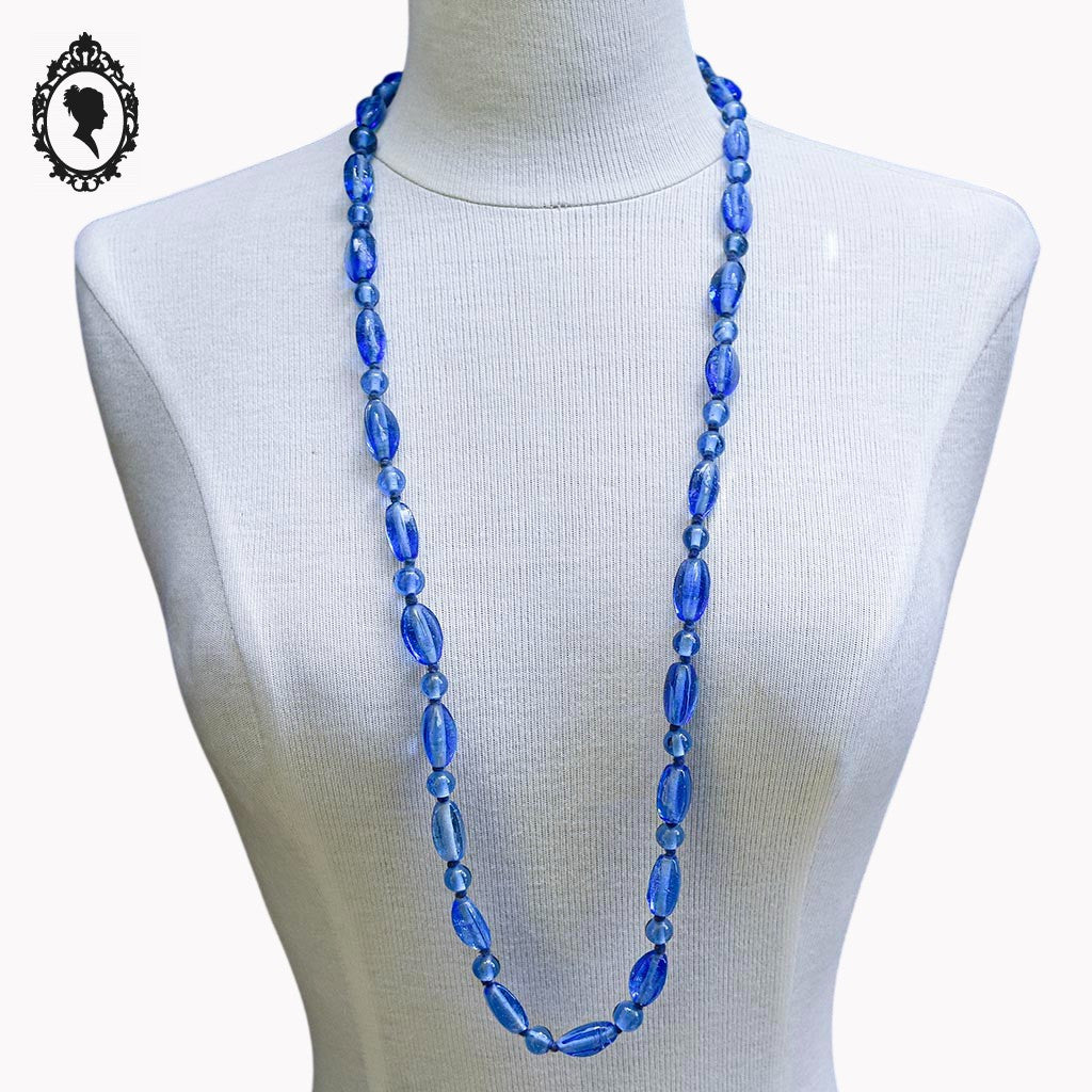 Sautoir long collier bleu perles en verre vintage