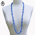 Sautoir long collier bleu perles en verre vintage