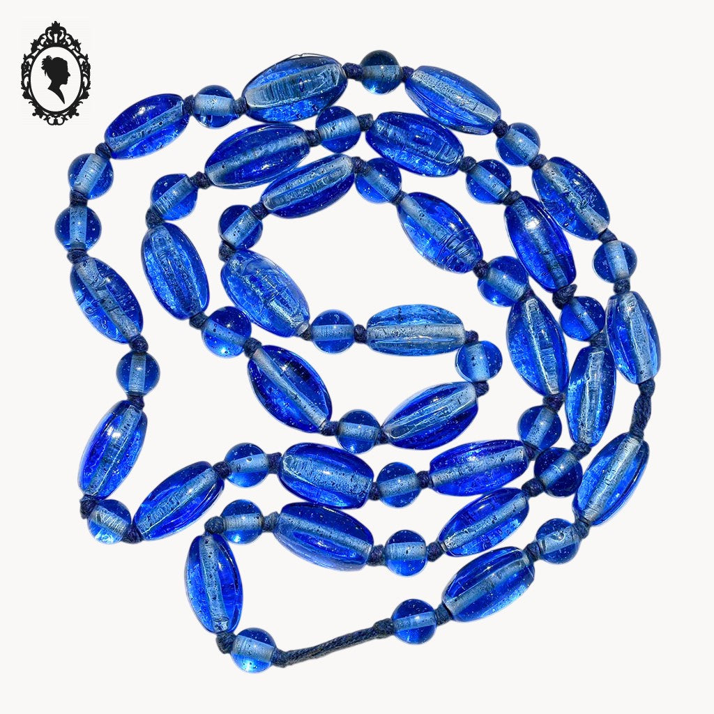 Sautoir long collier bleu perles en verre vintage