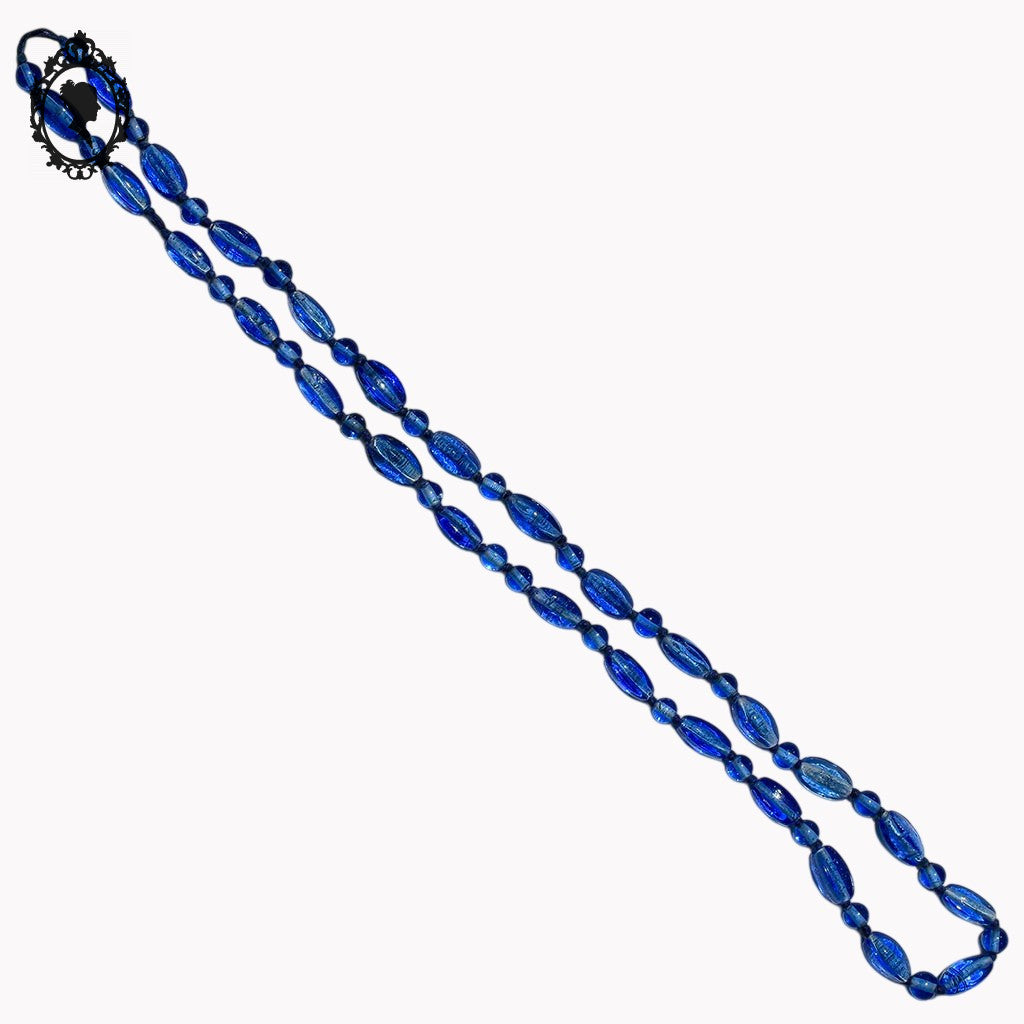Sautoir long collier bleu perles en verre vintage