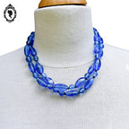 Sautoir long collier bleu perles en verre vintage