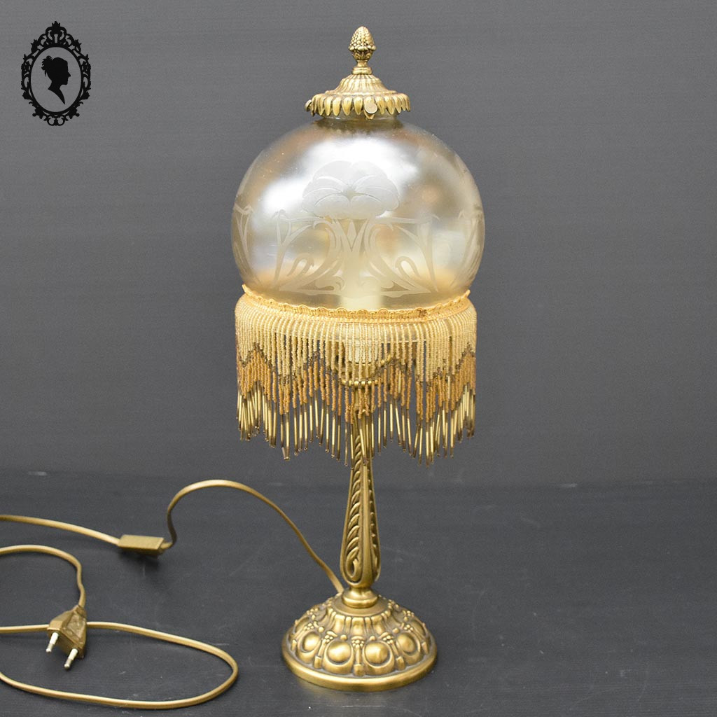 Lampe à poser vintage dorée abat jour lames de verre avec décor