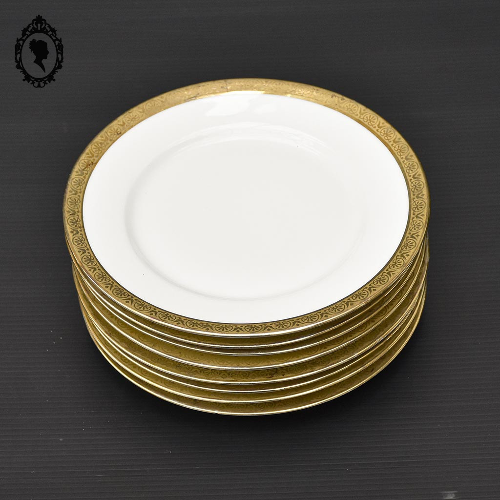 Lot 8 assiettes à dessert porcelaine blanche dorée M & D Limoges