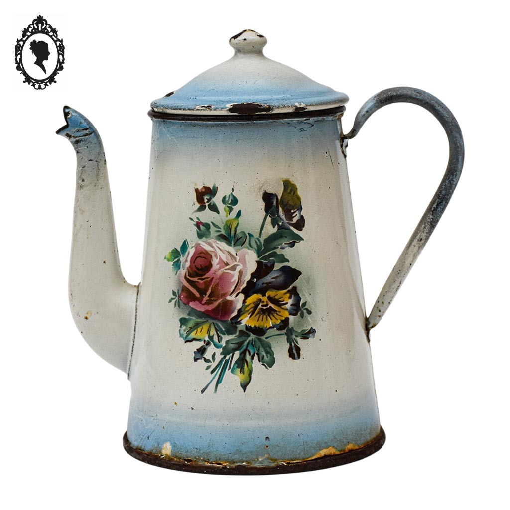 CAFETIERE EMAILLEE ANCIENNE JAPY décor ROSES PENSEES ANTIQUE ENAMEL CAFETIERE EMAILLEE ANCIENNE JAPY décor ROSES PENSEES ANTIQUE ENAMEL